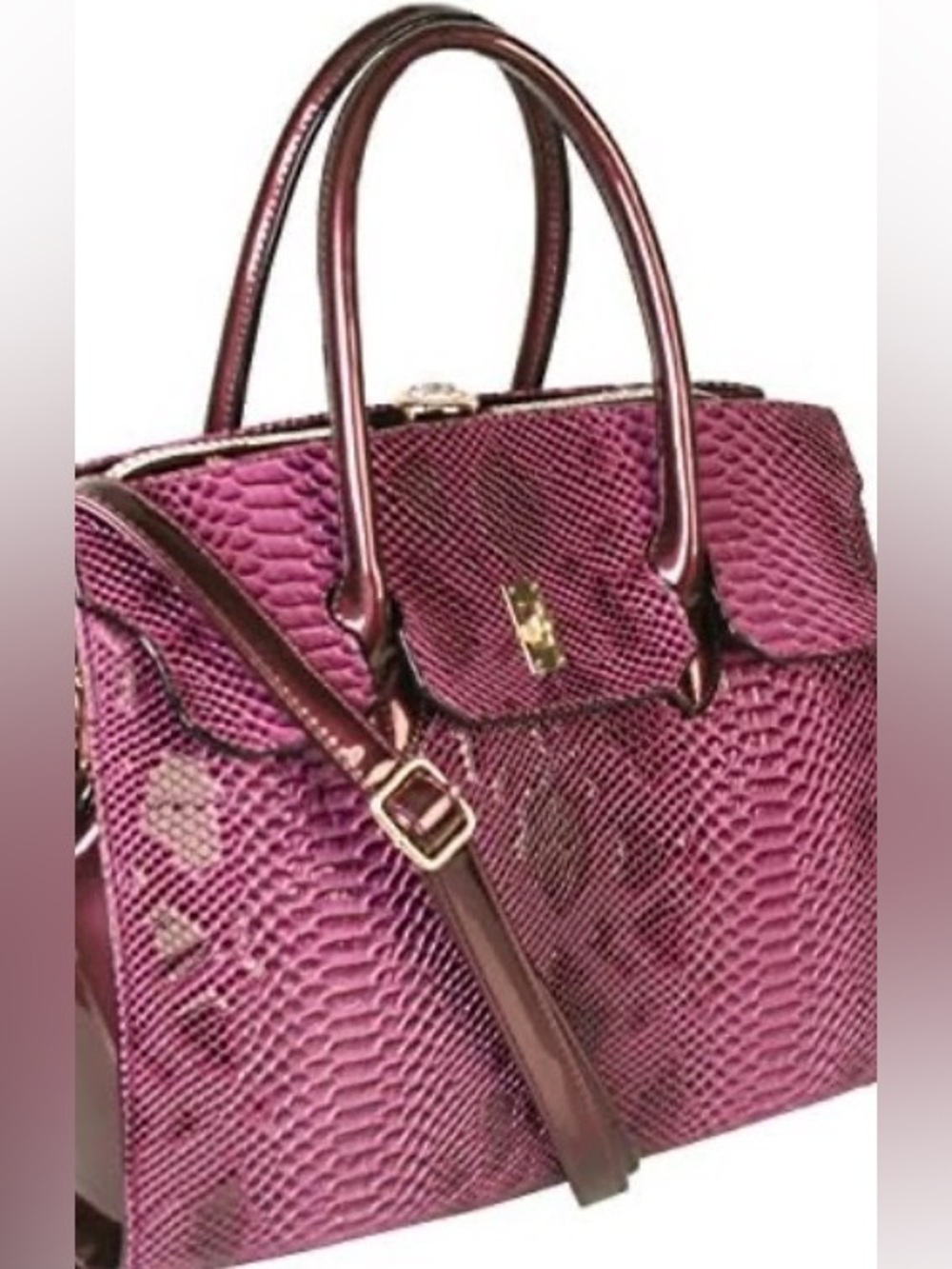 Front Turn-Lock Faux Python Kiss-Lock structured Satchel Bag - Picture 6 of 7